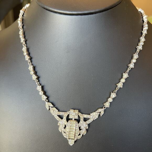 Rare 1930s Signed KTF Trifari ART DECO Rhinestone Necklace 17” Rhodium Plated - Picture 9 of 10